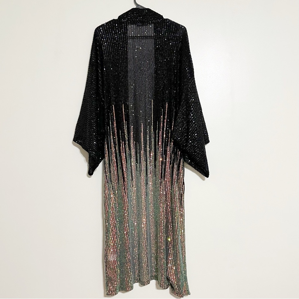 Free People Party On Sequin Kimono Jacket Duster In Color Black Combo - Picture 10 of 10